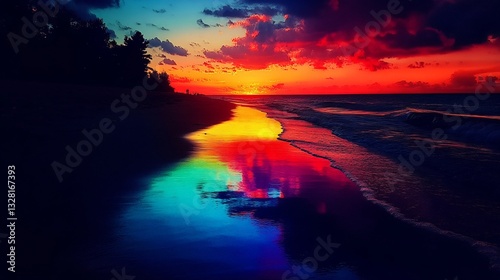 Rainbow Sunset Beach Reflection.