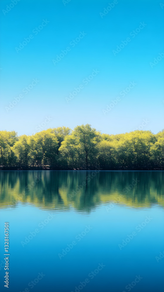 Serene Lake Reflecting Forest with Clear Blue Sky, Pure Tranquility in Untouched Nature Serene Lake Reflecting Forest with Clear Blue Sky, Pure Tranquility in Untouched Nature