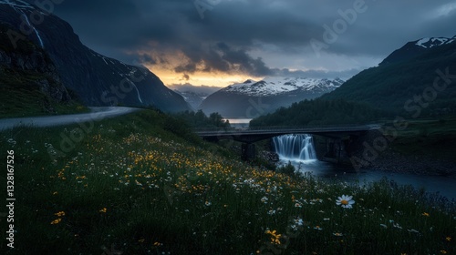 Sunset over fjord, bridge, waterfall, wildflowers