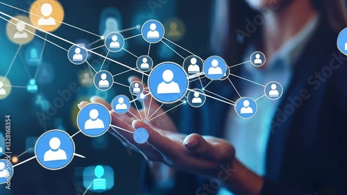 Woman holding social network structure, symbolizes global connection and communication