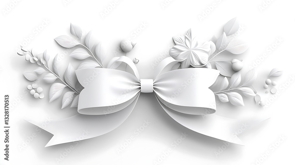 Naklejka premium Intricate White Floral and Ribbon Bow Design for Decorative Elements, 3d ribbons and flowers artwork