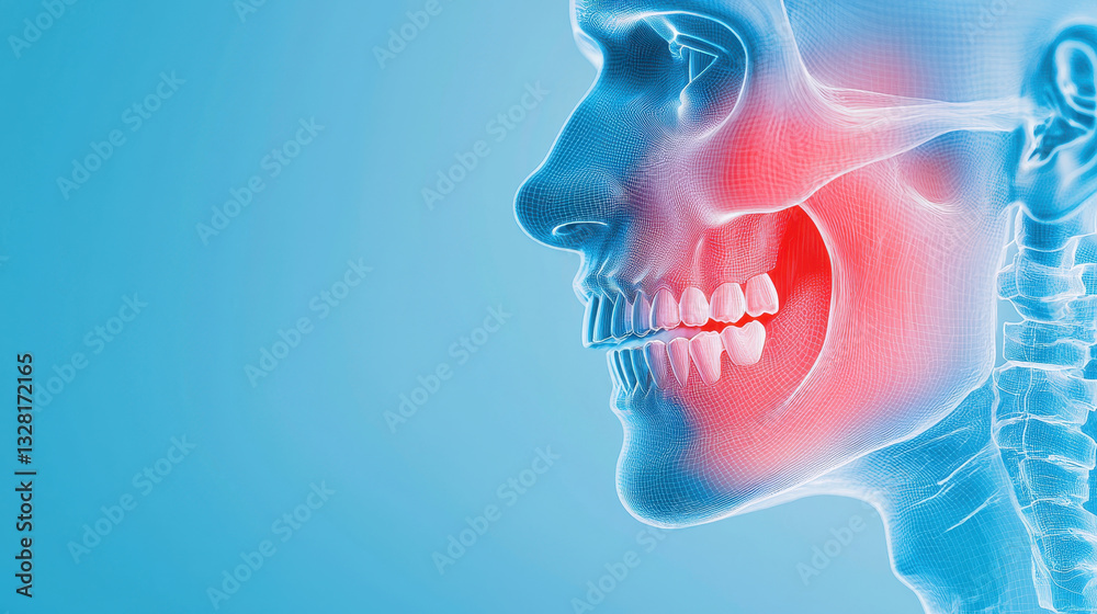 Obraz premium Digital illustration of human skull highlighting jaw pain