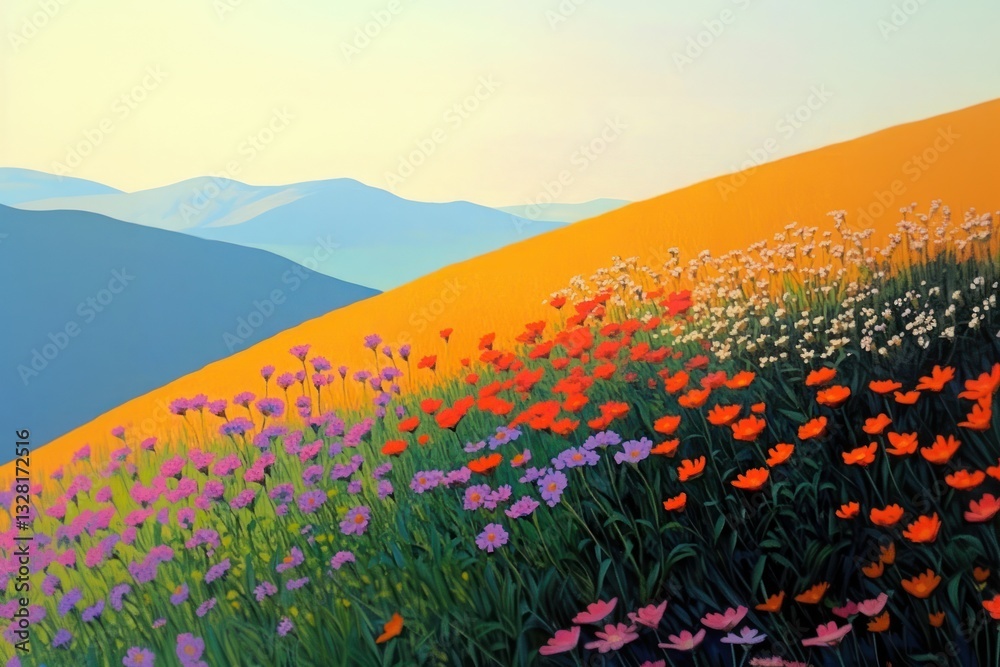 Fototapeta premium Flower field hill flowers background landscape.
