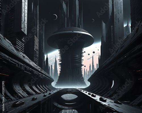 A futuristic dystopian megacity built at the very edge of a colossal black hole.