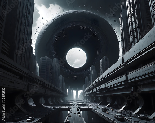 A futuristic dystopian megacity built at the very edge of a colossal black hole.