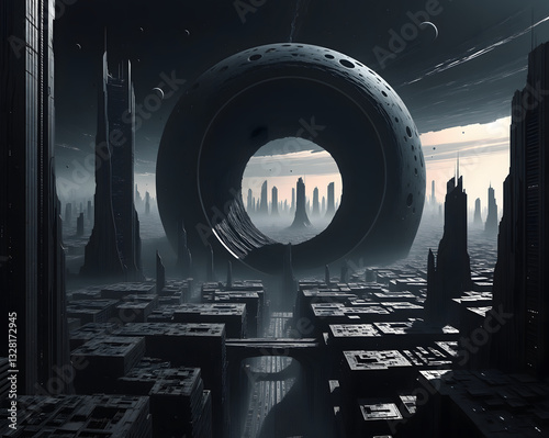 A futuristic dystopian megacity built at the very edge of a colossal black hole.