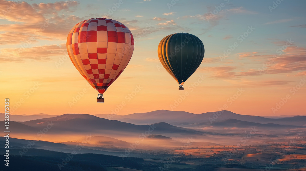 Fototapeta premium Hot air balloons in sunset sky over mountains, creating serene atmosphere
