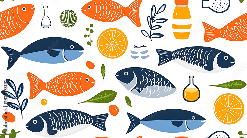 Naklejka premium Fresh fish and citrus fruits create vibrant, seamless pattern with colorful elements
