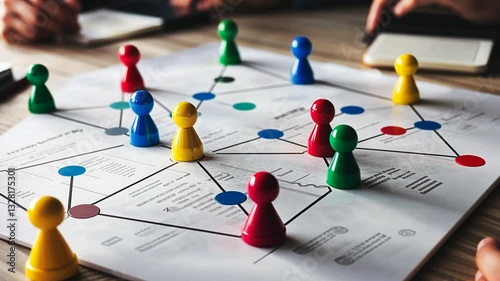 Strategic Board Game with Colorful Pieces Illustrating Business Connections and Networking