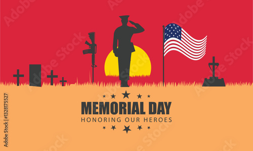 Memorial Day tribute with saluting soldier, battlefield cross, and American flag