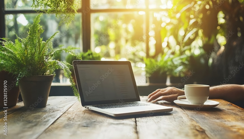 Bright and Airy Workspace with Laptop, Coffee, and Green Plants Bright and Airy Workspace with Laptop, Coffee, and Green Plants