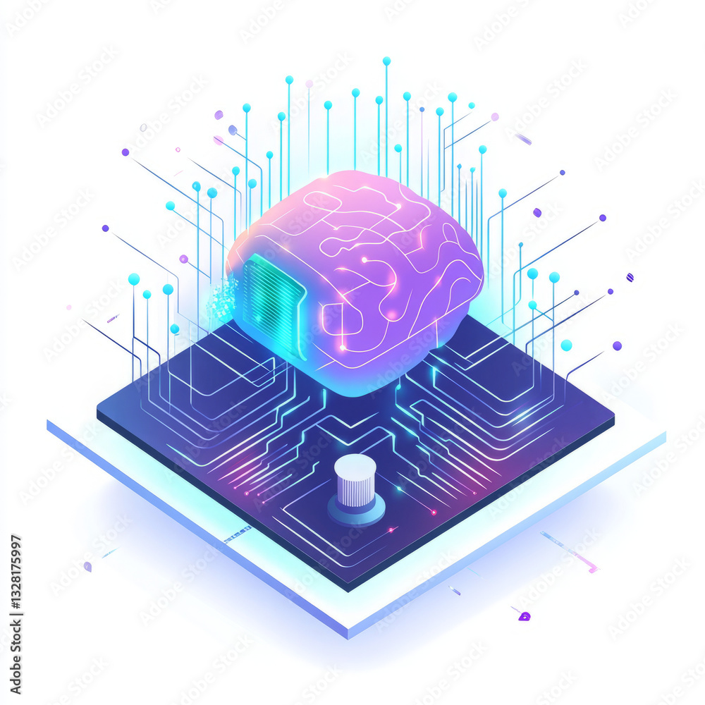 Brain-shaped object on circuit board with neon connections in futuristic digital space