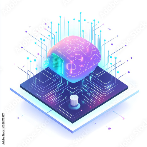 Obraz na płótnie Brain-shaped object on circuit board with neon connections in futuristic digital space w salonie