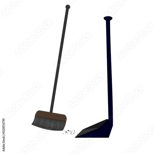 A broom and dustpan sweep up the trash