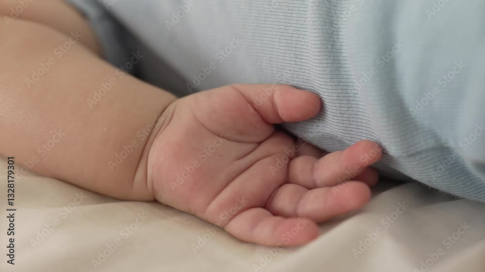 Close-up of baby’s hand resting on soft bedding, fingers slightly curled, delicate details, peaceful moment, relaxed, childhood innocence, intimate home setting Close-up of baby’s hand resting on soft bedding, fingers slightly curled, delicate details, peaceful moment, relaxed, childhood innocence, intimate home setting