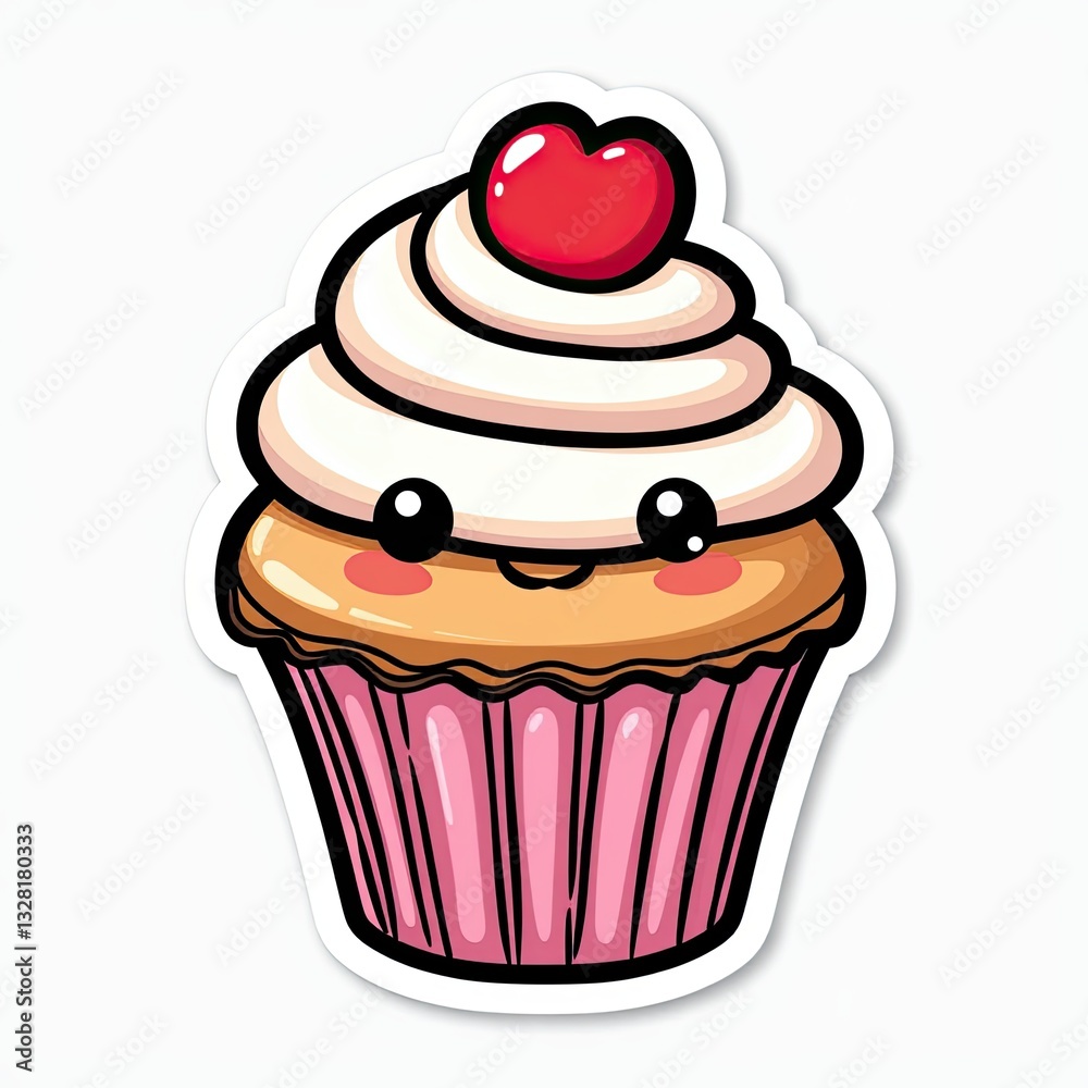 Cute cartoon cupcake with cherry and smiling face on top Cute cartoon cupcake with cherry and smiling face on top
