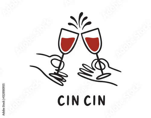 Hands holding wine glasses emblem cin cin lettering doodle hand drawn text.