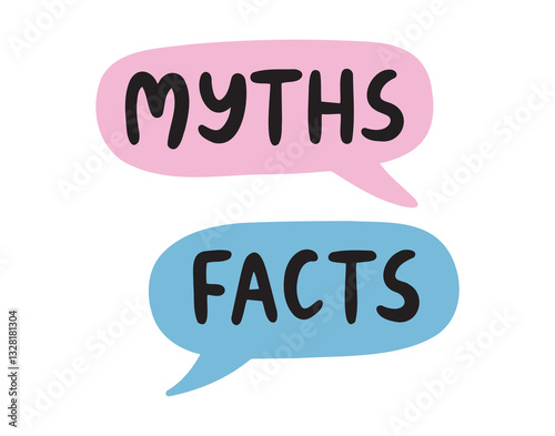 Myths facts speech bubble lettering. Myths and facts doodle hand drawn text.