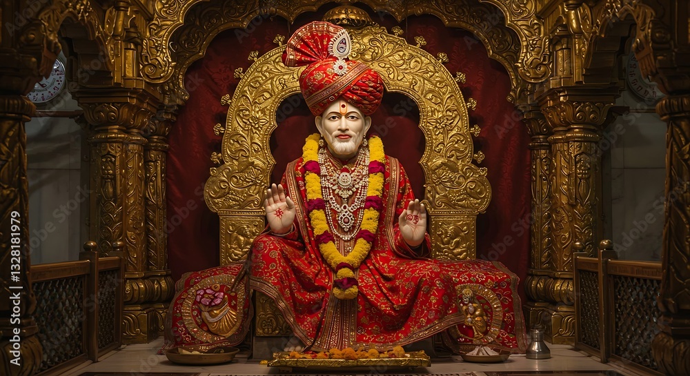Fototapeta premium Hindu Deity Swaminarayan Sitting on Throne in Ornate Temple Setting