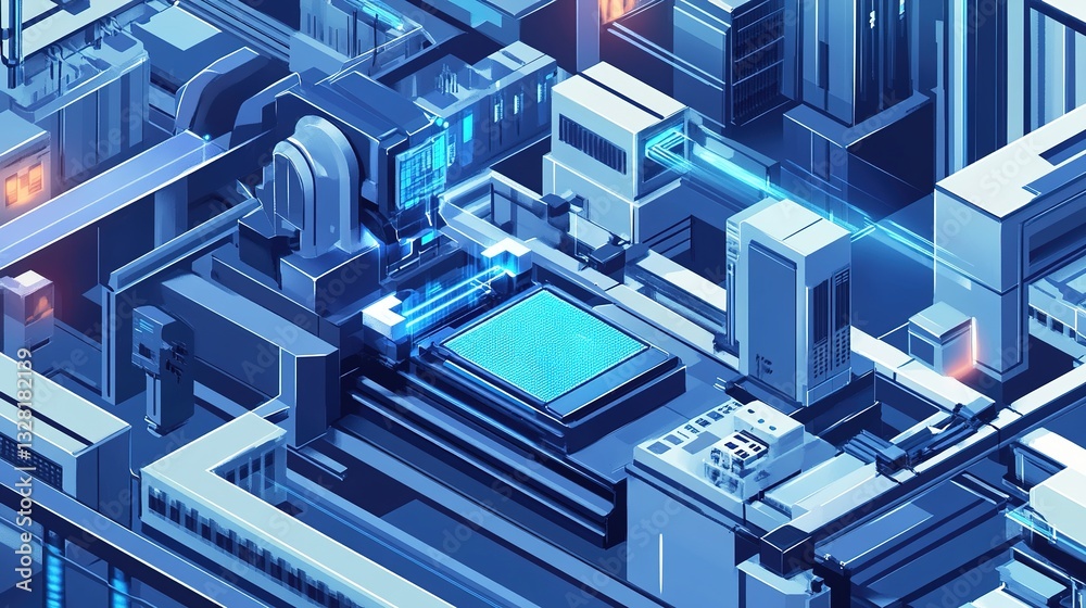 A smart factory optimizing microchip fabrication using quantum computing. A smart factory optimizing microchip fabrication using quantum computing.