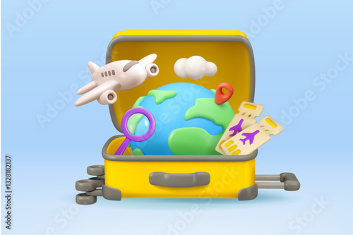 Airplane travel vector 3d banner design. Open suitcase with plane, tickets. map pin and search magnifier. Summer vacation cartoon concept.