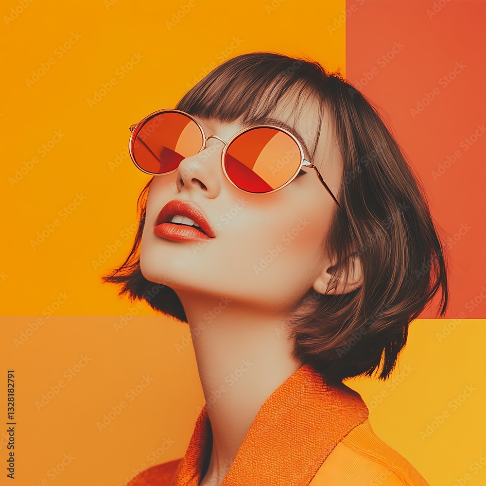 Obraz premium Stylish Woman Wearing Orange Glasses and Matching Top Against Colorful orange, red and yellow Background