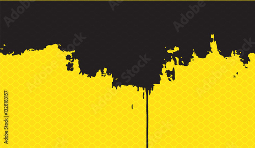 Abstract black paint dripping design on a yellow geometric textured background providing a modern and bold visual element for various graphic applications