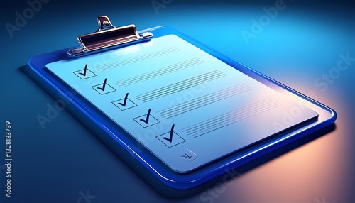 A blue clipboard with checkmarks on a list, illuminated by soft light, conveying organization and task completion.