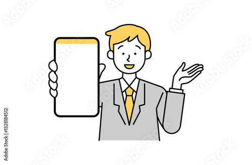 スマホの画面をこちらに向ける男性会社員のベクターイラスト サラリーマン スマートフォン スマートホン