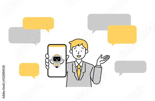 スマホでAIを使う男性会社員のベクターイラスト サラリーマン シンプル チャットボット