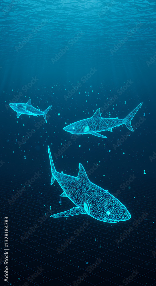 Fototapeta premium Digital Sharks: Underwater Ocean Data, AI Sharks, Deep Sea Tech, Virtual Reality Sea Life, Tech Fish, Cybersecurity Threats