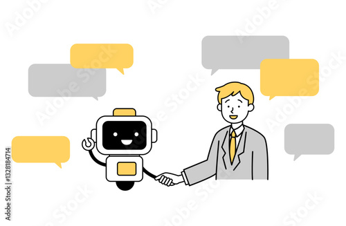AIボットと会話と握手する男性のイラスト ビジネス ロボット 会社員 サラリーマン シンプル 