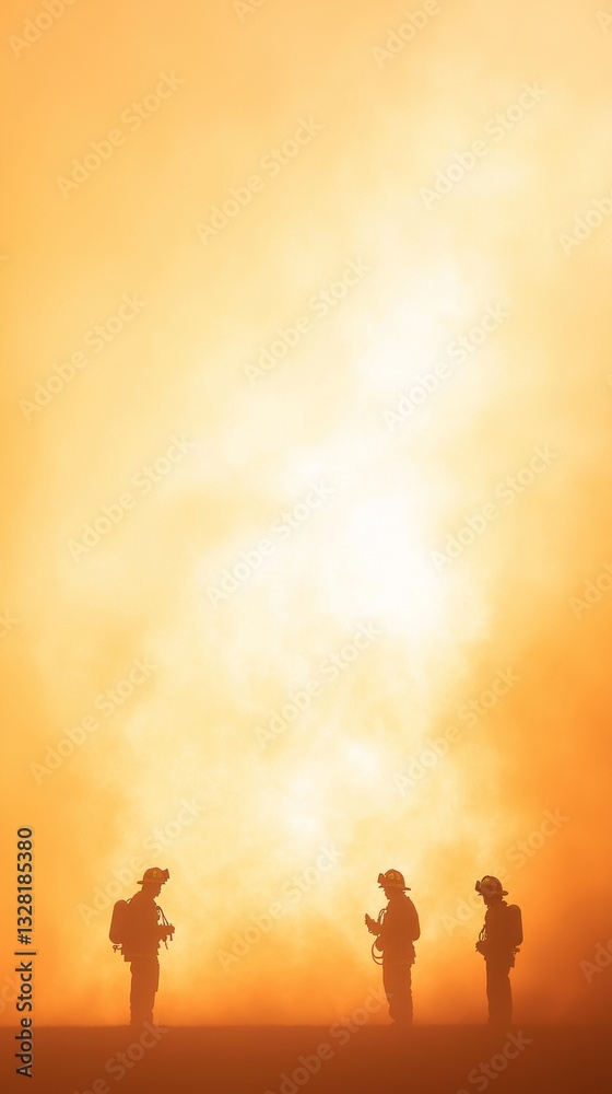 Fototapeta premium Silhouetted figures stand before a bright, fiery backdrop, evoking a dramatic and intense atmosphere.