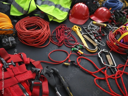 A collection of safety gear and climbing equipment, including ropes, harnesses, helmets, and reflective vests, neatly arranged on a dark surface. photo