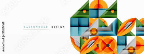 Geometric abstract composition with intersecting shapes, circles, triangles, and gradients, blending vibrant colors and dynamic contrasts to create a modern, futuristic visual design