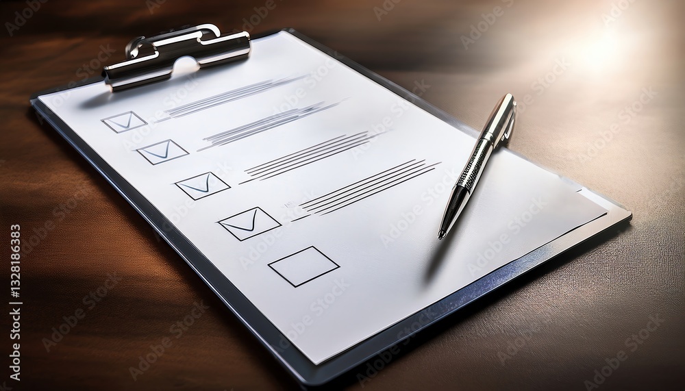 A clipboard with a checklist and a pen, resting on a wooden surface, showcasing a focus on organization and tasks. A clipboard with a checklist and a pen, resting on a wooden surface, showcasing a focus on organization and tasks.