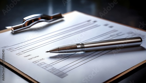 Wallpaper Mural A close-up view of a clipboard, pen, and form, suggesting tasks, organization, and professionalism in a workspace. Torontodigital.ca