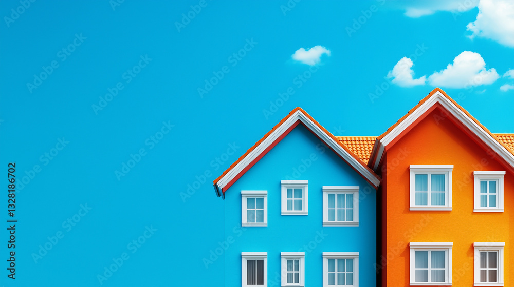 Vibrant Colorful Houses Against a Clear Blue Sky - Real Estate Concept Vibrant Colorful Houses Against a Clear Blue Sky - Real Estate Concept