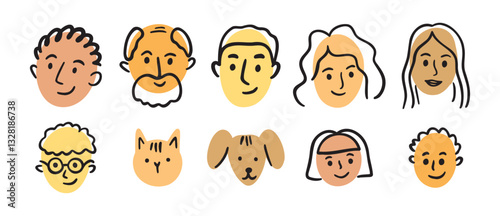 Family face portrait doodle avatar set. hand drawn woman, man, boy, girl, teenager face head portrait, grandmother grandfather. old and young people