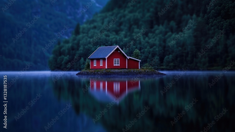 Fototapeta premium Red cabin on a serene island reflecting in still water, surrounded by lush forest and mountains