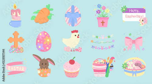 Colorful Easter themed vector illustration collection with playful elements.