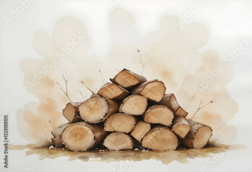 Watercolor Log Pile Illustration. Artistic Firewood Stack. Rustic Wood Art
