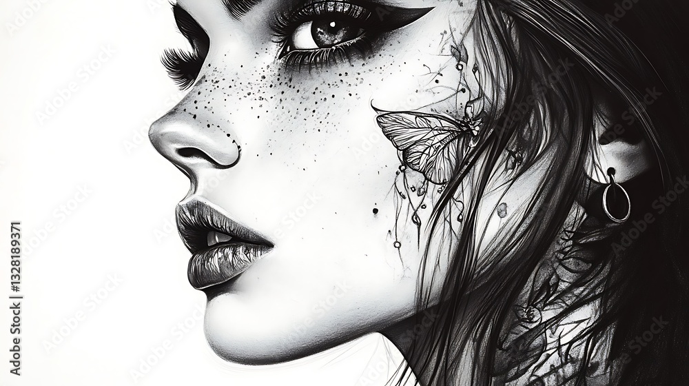 Intricate Black and White Artistic Female Portrait with Detailed Ornamental Mask Intricate Black and White Artistic Female Portrait with Detailed Ornamental Mask