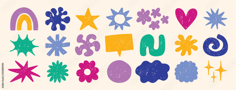 Funky cute shapes and figures crayon texture set. Brutal contemporary colorful retro star figures, flower, sun. Hand drawn primitive geometric elements.