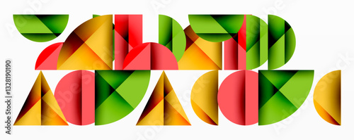 Abstract geometric background with layered gradient shapes forming dynamic patterns. Overlapping semi circles and triangles create depth and contrast