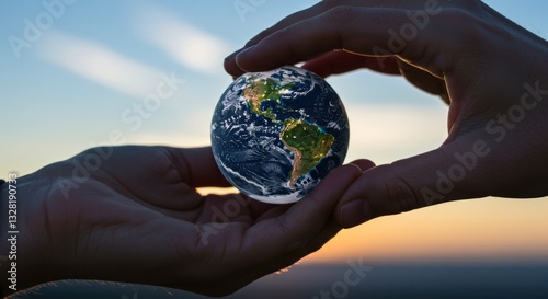 Two Hands Hold Small World Model at Sunset, Environmental Care Concept