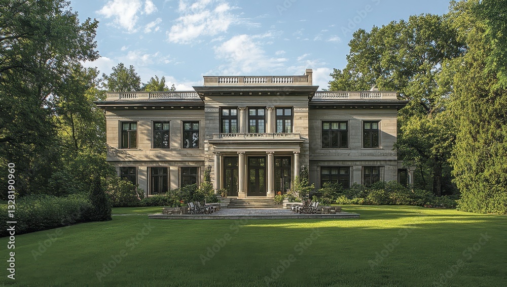 Fototapeta premium Elegant Historic Mansion with Lush Green Lawn Surrounded by Trees and Flowering Gardens Under a Clear Blue Sky in Daylight