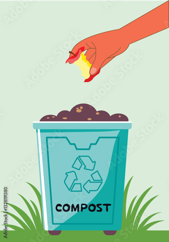 Trash can with recycling symbol, hand composting core apple in box with compost food waste. box with fruits, vegetable scraps, greens in ground. No Food garbage, zero waste, eco friendly lifestyle