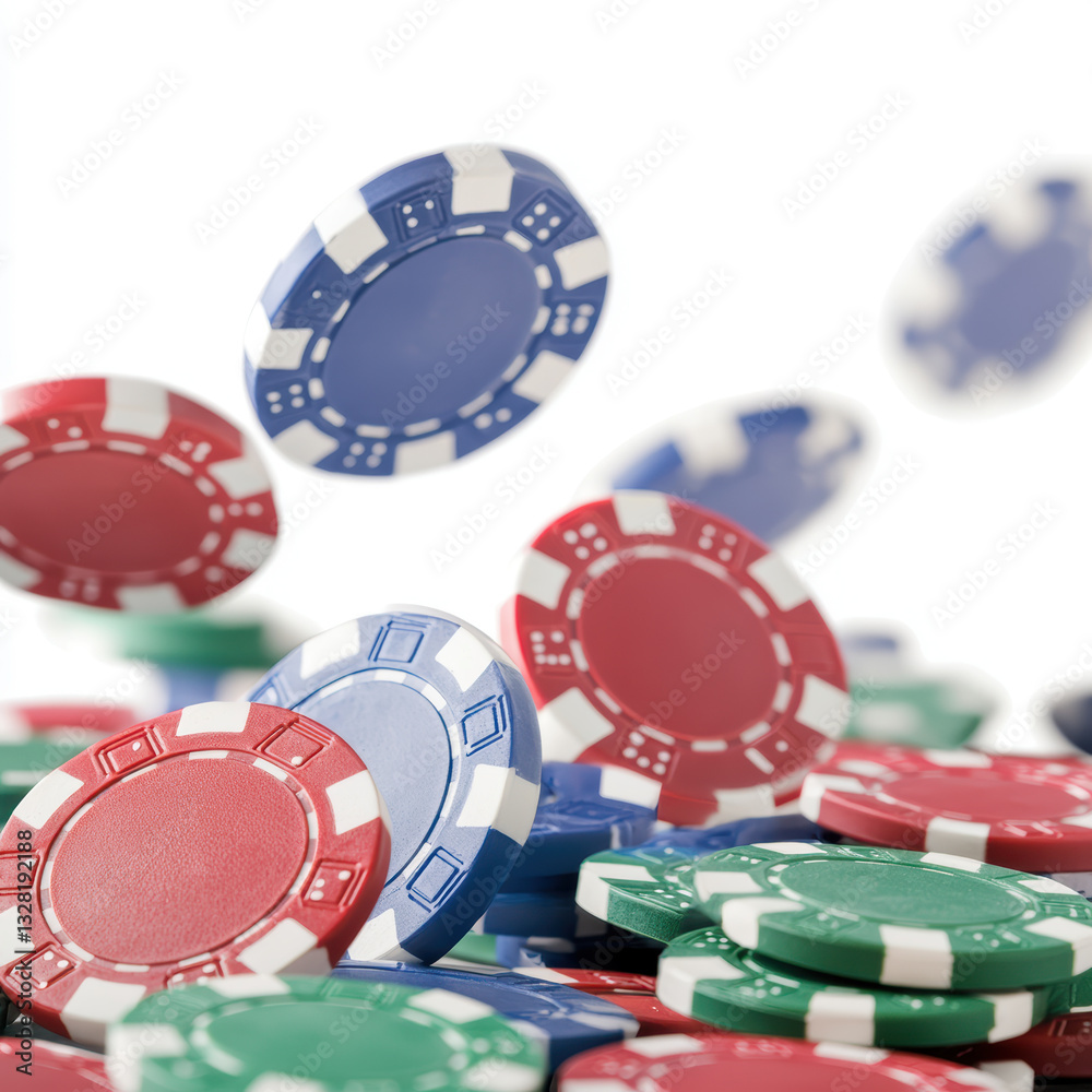 Colorful poker chips falling and stacking in casino gaming scene Colorful poker chips falling and stacking in casino gaming scene