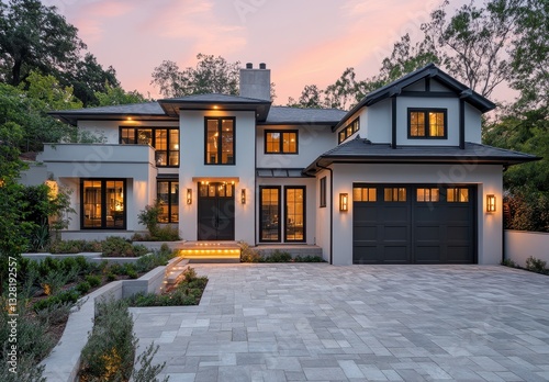 Elegant modern house exterior with large windows, landscaped garden, and twilight sky in residential neighborhood showcasing architectural beauty